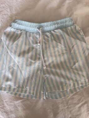 Kids Blue & White Striped Swim Trunks